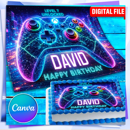Neon Gamer Cake Topper – Edible Image for Kids Birthday Party, Gaming Controller Design