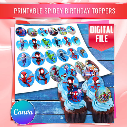 24 Spidey Edible Cupcake Toppers - Choose from Wafer Paper, Sugar Sheet, or Chocotransfer with No Cutting Required