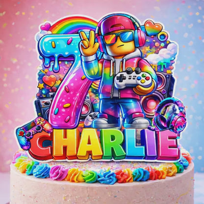 Gaming Birthday Cake Topper – Personalized Rainbow Gamer Party Decoration with Name & Age