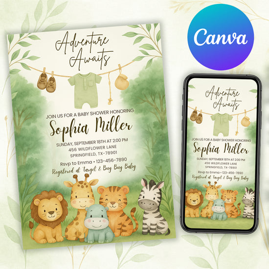 safari baby shower invitation canva template video