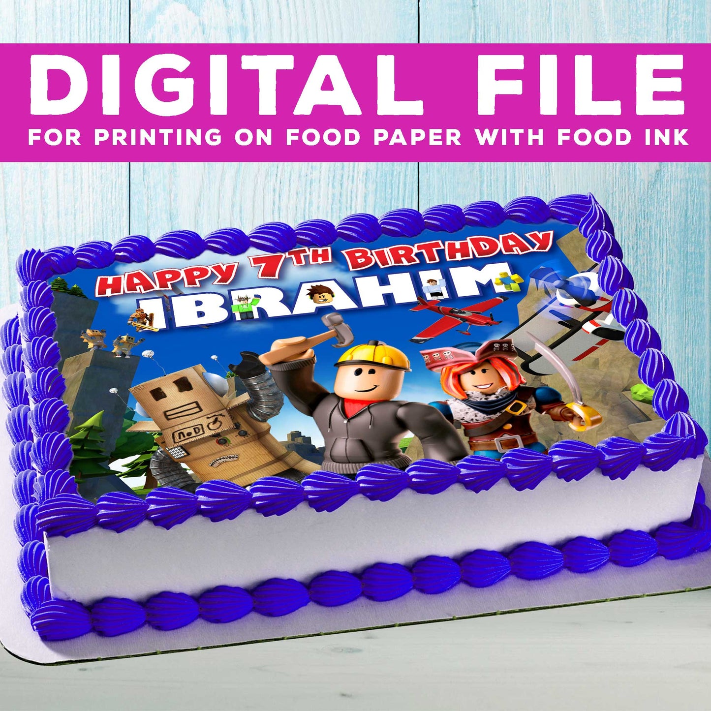 Roblox Birthday Themed Edible Cake Topper - Rectangular Design - Wafer Paper, Sugar Sheet, Chocotransfer