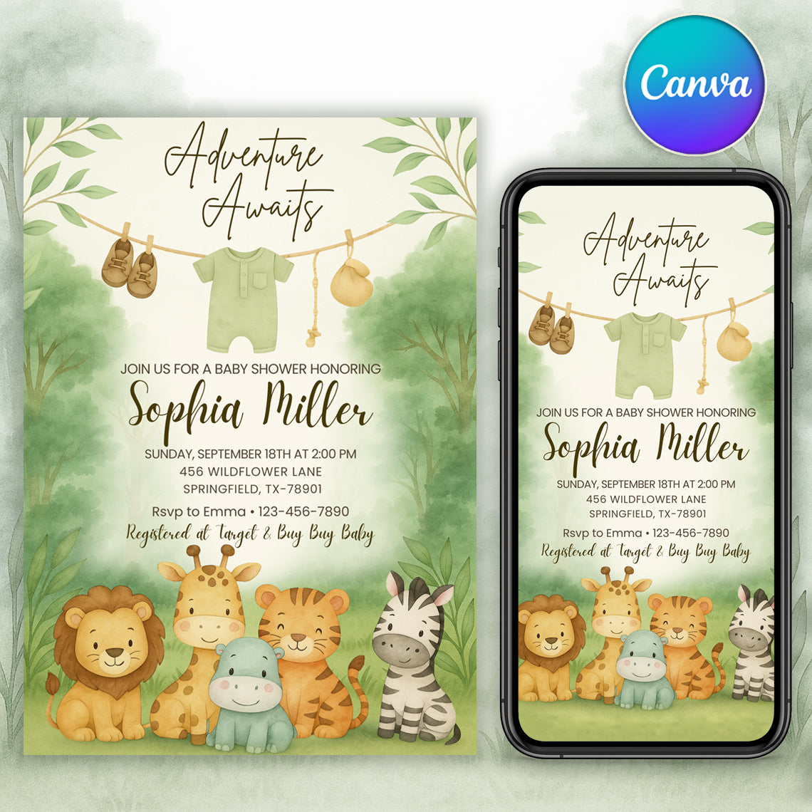 safari baby shower invitation canva template
