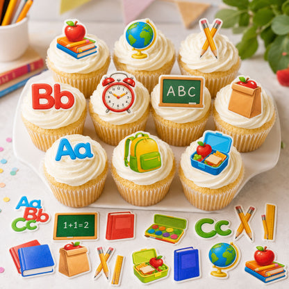 School theme edible cupcake toppers displayed on frosted cupcakes for a classroom party