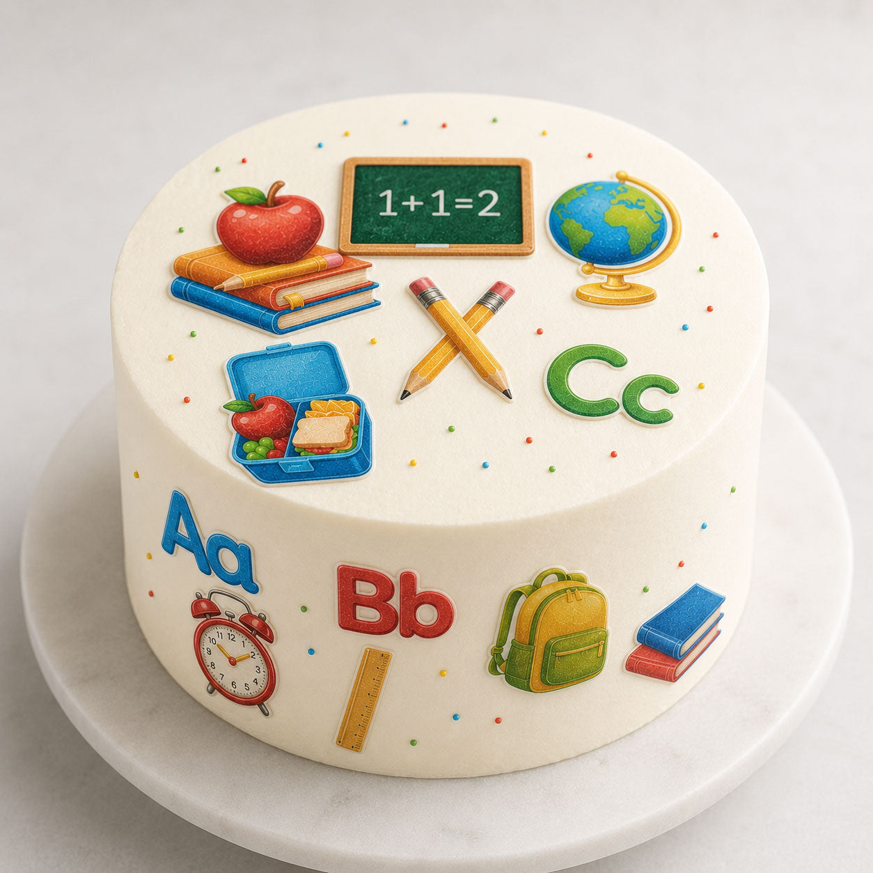 School theme edible cupcake toppers arranged on a frosted birthday cake