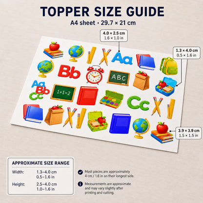 Size guide for back to school edible cupcake toppers showing sheet and piece dimensions