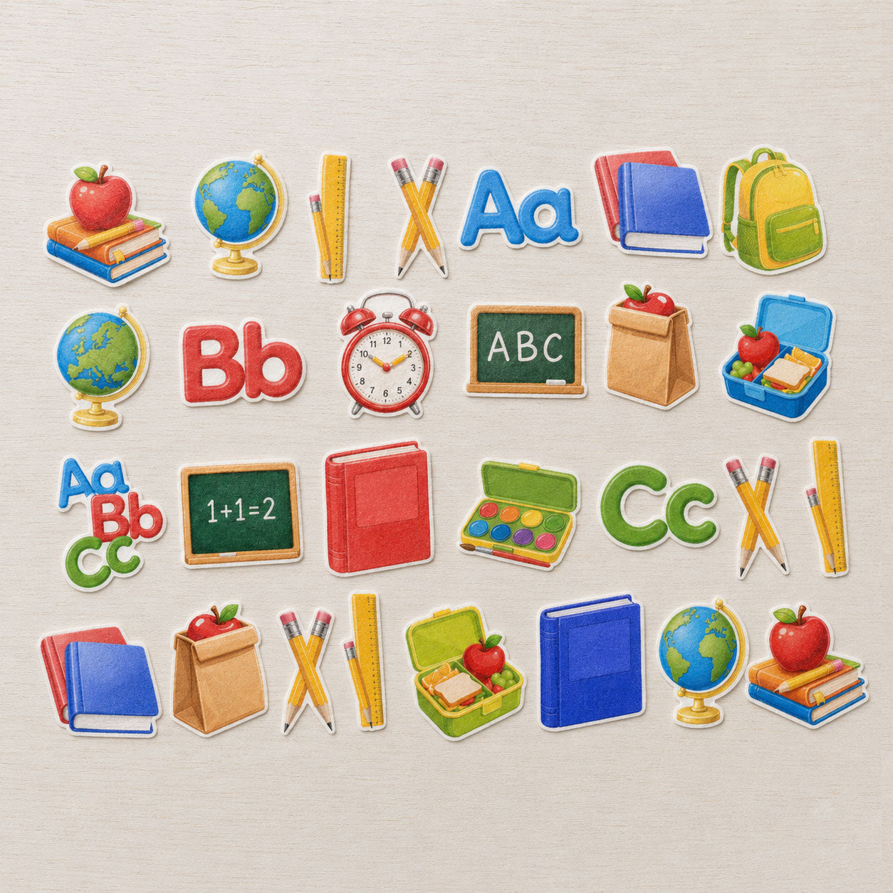 Back to school edible cupcake topper set flat lay with classroom themed decorations