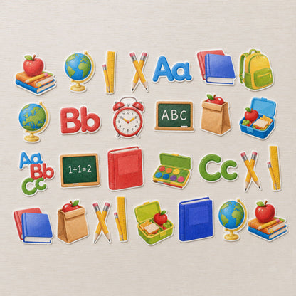Back to school edible cupcake topper set flat lay with classroom themed decorations