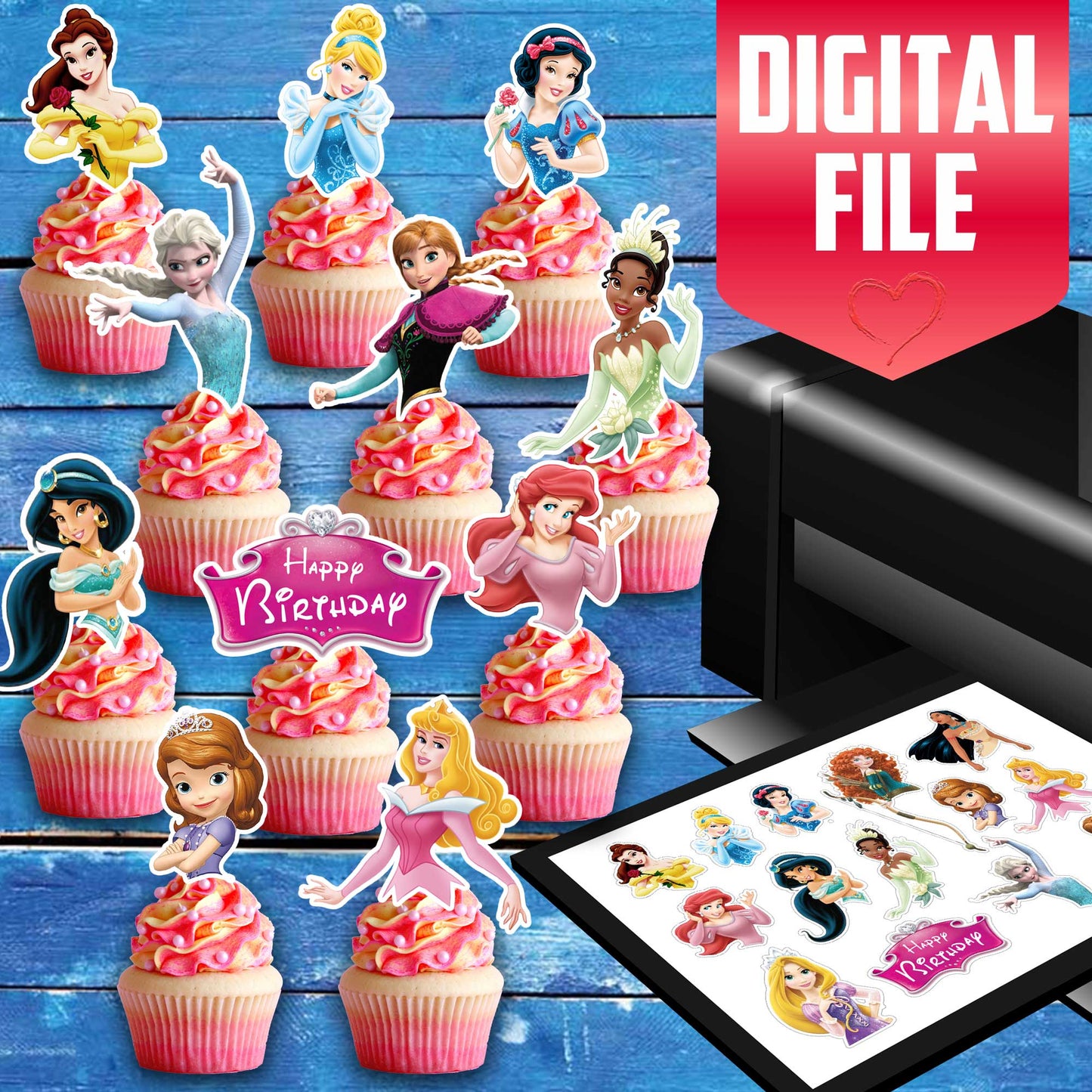 Pre-cut Princess Edible Cupcake Toppers - 14 Pieces on Wafer Paper, Sugar Sheet, or without cutting Chocotransfer