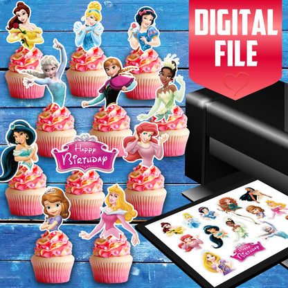 Pre-cut Princess Edible Cupcake Toppers - 14 Pieces on Wafer Paper, Sugar Sheet, or without cutting Chocotransfer