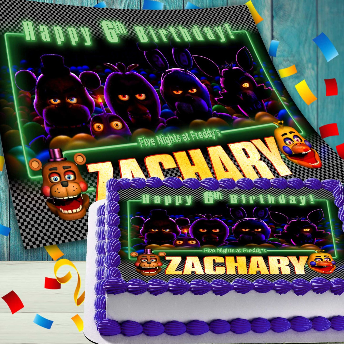 Five Nights at Freddy’s Birthday Themed Edible Cake Topper - Rectangular Design - Wafer Paper, Sugar Sheet, Chocotransfer