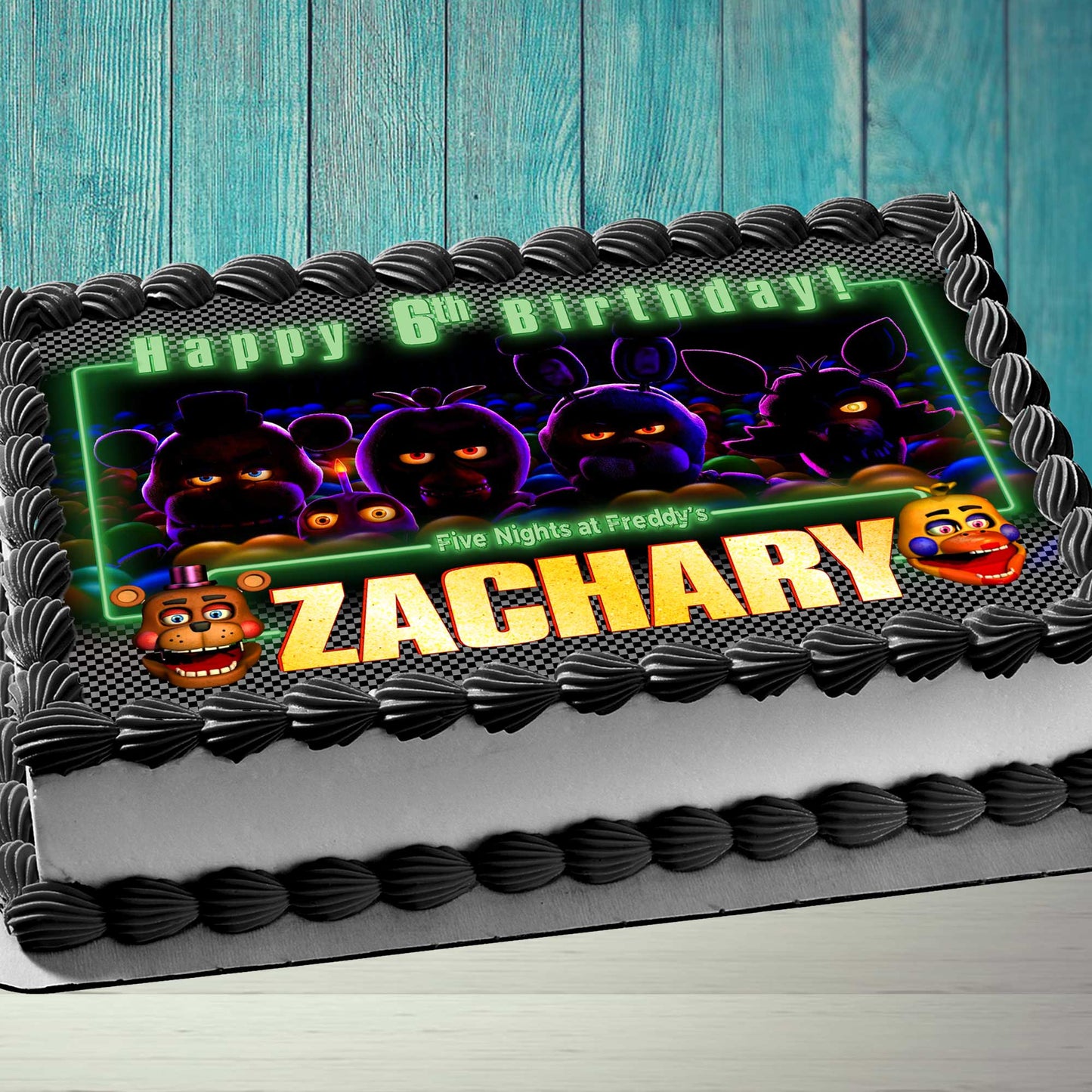 Five Nights at Freddy’s Birthday Themed Edible Cake Topper - Rectangular Design - Wafer Paper, Sugar Sheet, Chocotransfer