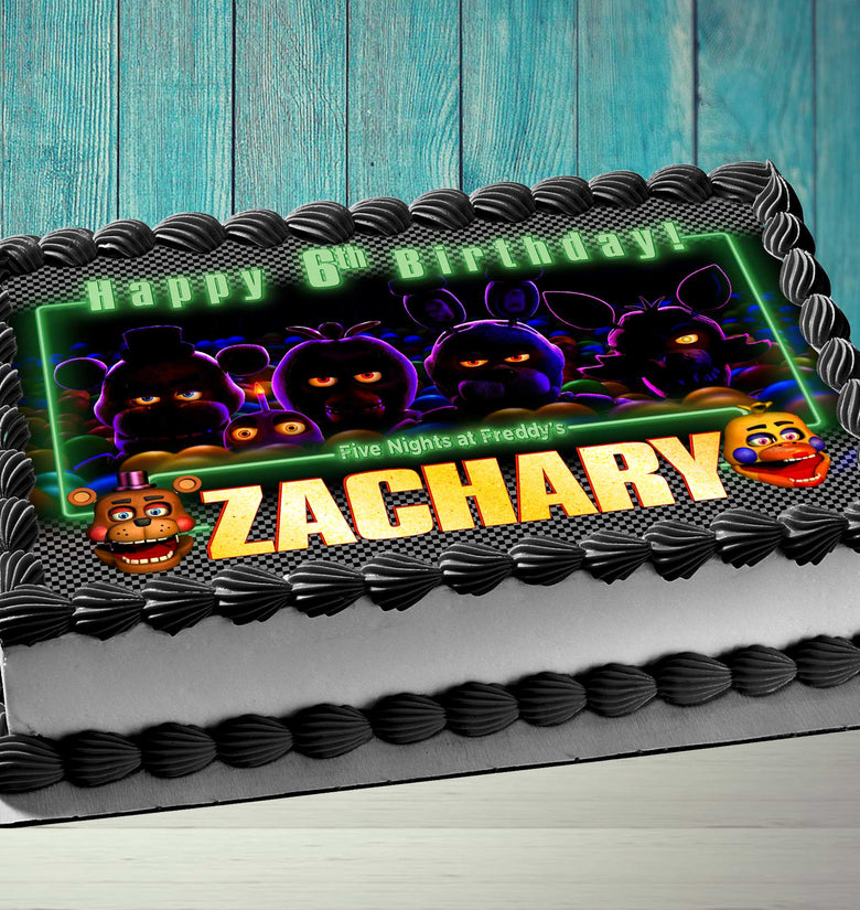 Five Nights at Freddy’s Birthday Themed Edible Cake Topper - Rectangular Design - Wafer Paper, Sugar Sheet, Chocotransfer