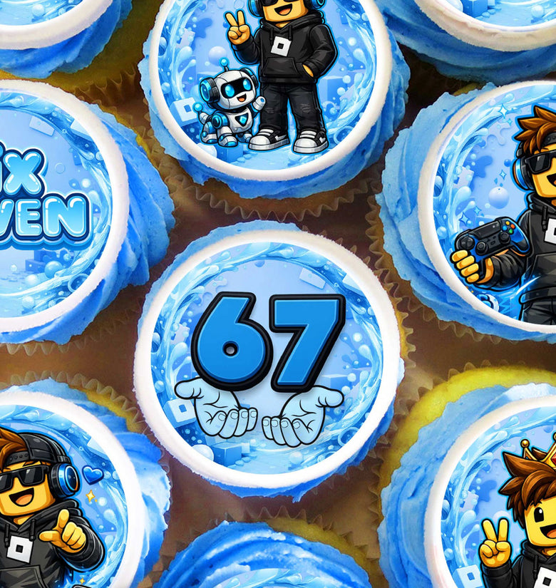 Six Seven gamer edible cupcake toppers blue 24 precut circles for gaming birthday party