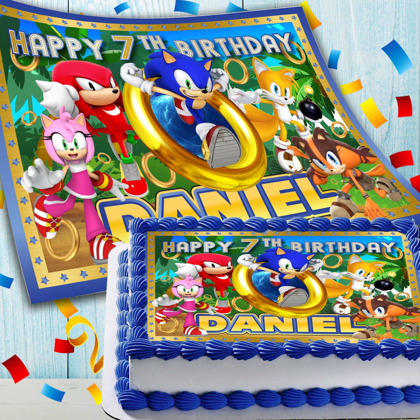 Sonic Birthday Themed Edible Cake Topper - Rectangular Design - Wafer Paper, Sugar Sheet, Chocotransfer