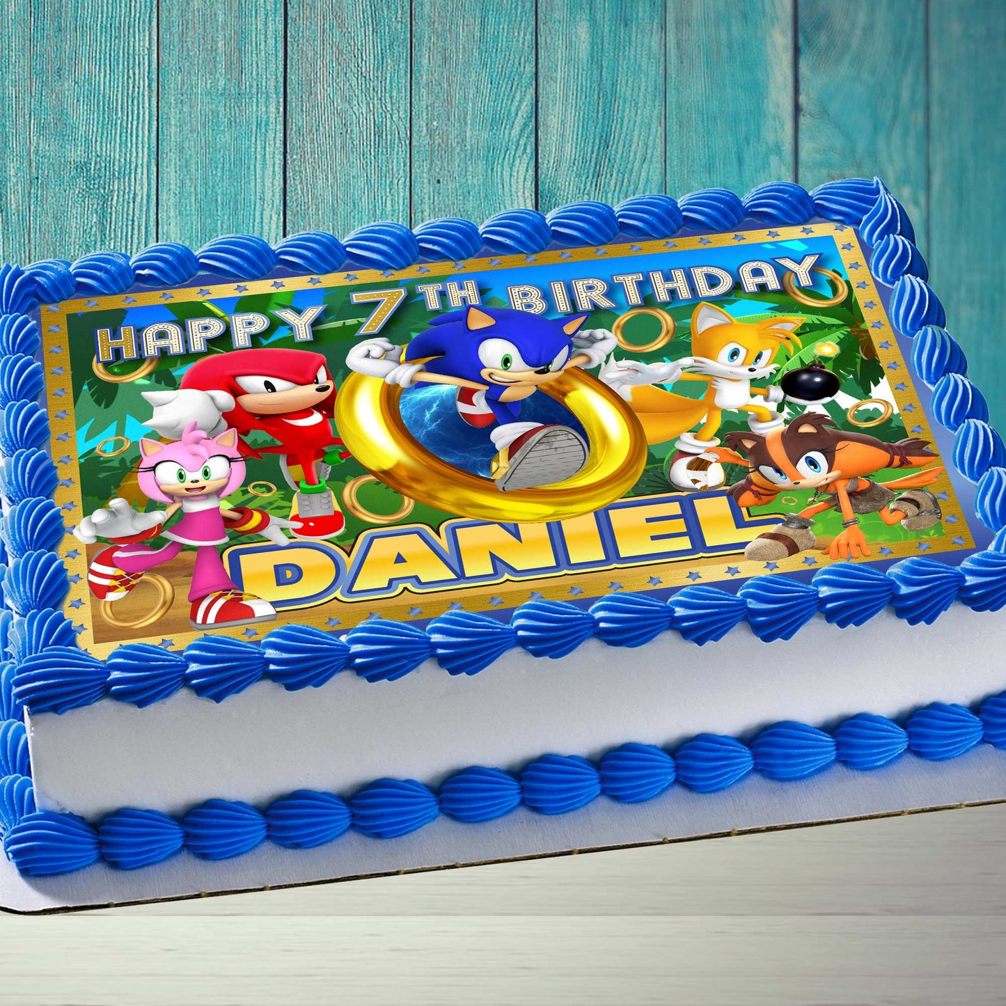 Sonic Birthday Themed Edible Cake Topper - Rectangular Design - Wafer Paper, Sugar Sheet, Chocotransfer