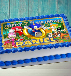 Sonic Birthday Themed Edible Cake Topper - Rectangular Design - Wafer Paper, Sugar Sheet, Chocotransfer