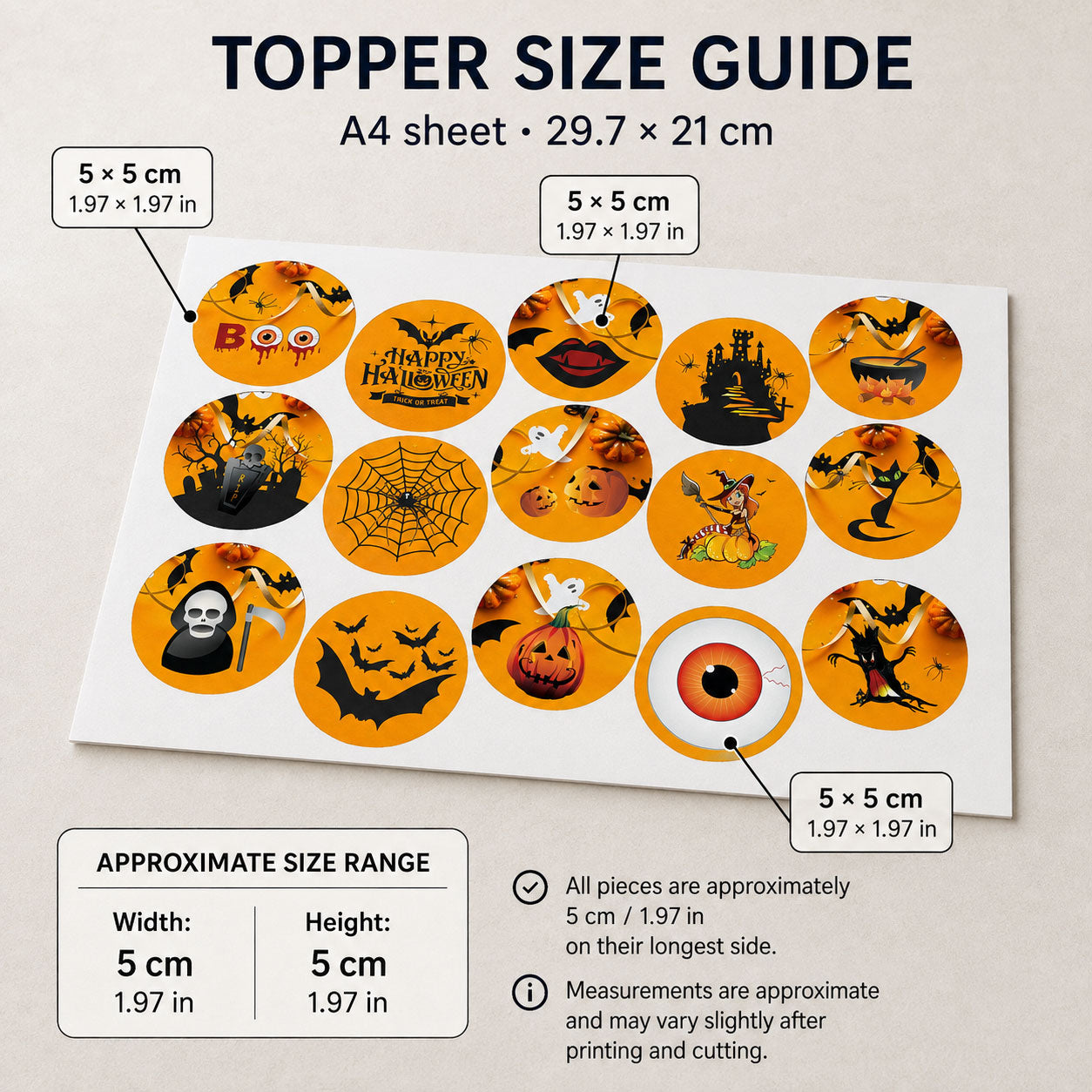 Graveyard Halloween edible topper size guide showing 15 designs on an A4 sheet, 5 x 5 cm each