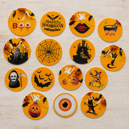 Graveyard Halloween edible cake toppers flat lay with haunted castle, cauldron and spiderweb designs