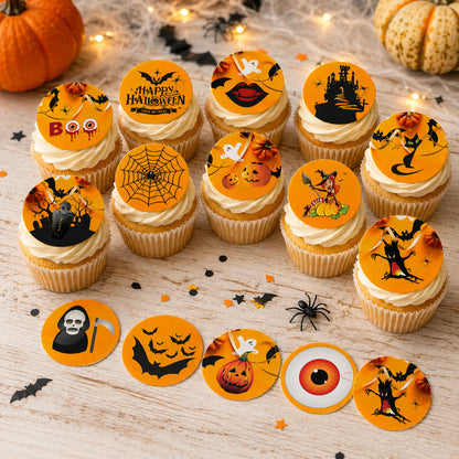 Graveyard Halloween edible cupcake toppers on frosted cupcakes with tombstone and bat designs