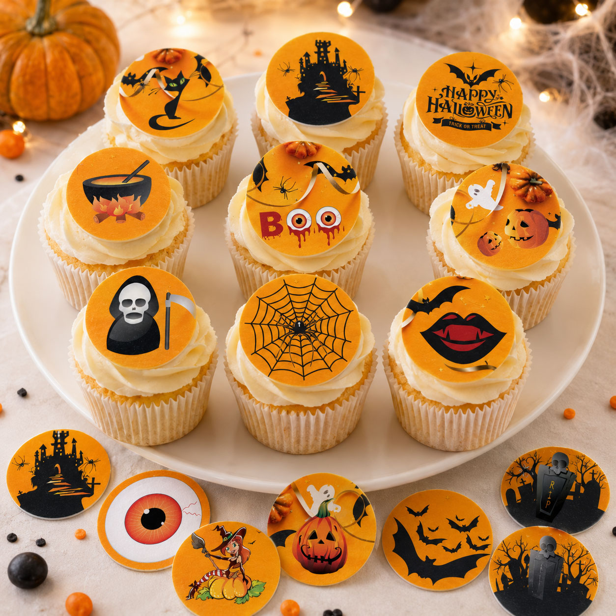 Graveyard Halloween edible cupcake toppers on frosted cupcakes with witch and black cat designs