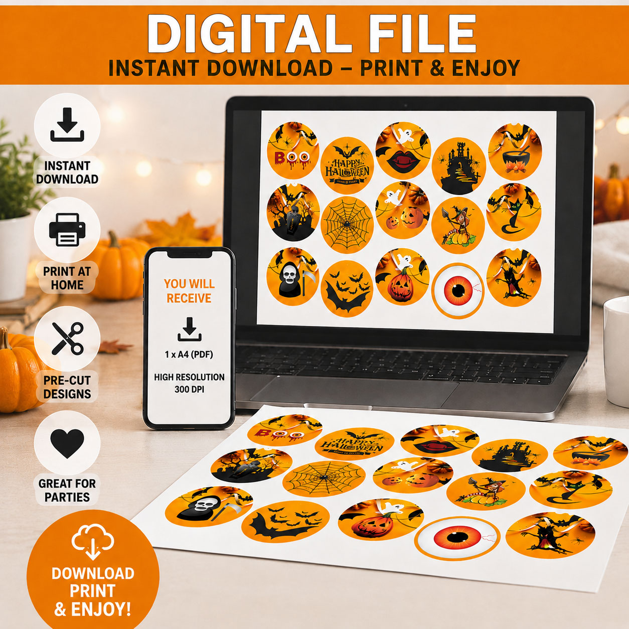 Digital file option for graveyard Halloween edible cake toppers, instant download to print at home