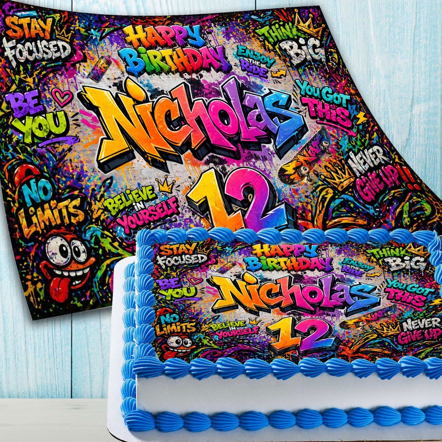 Street art graffiti style edible cake topper image with personalized name and age for boys birthday