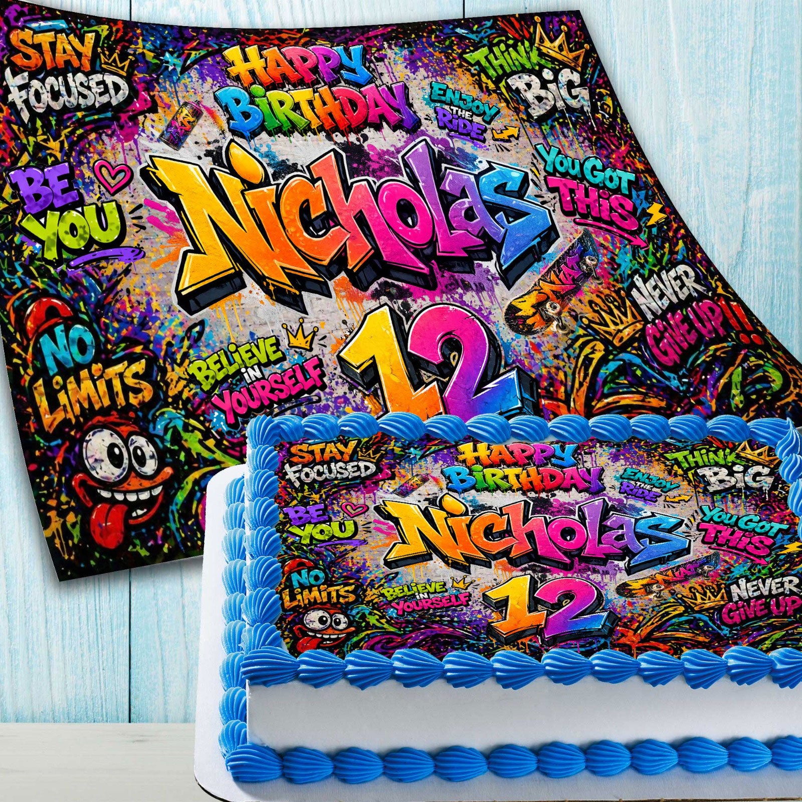 Street art graffiti style edible cake topper image with personalized name and age for boys birthday