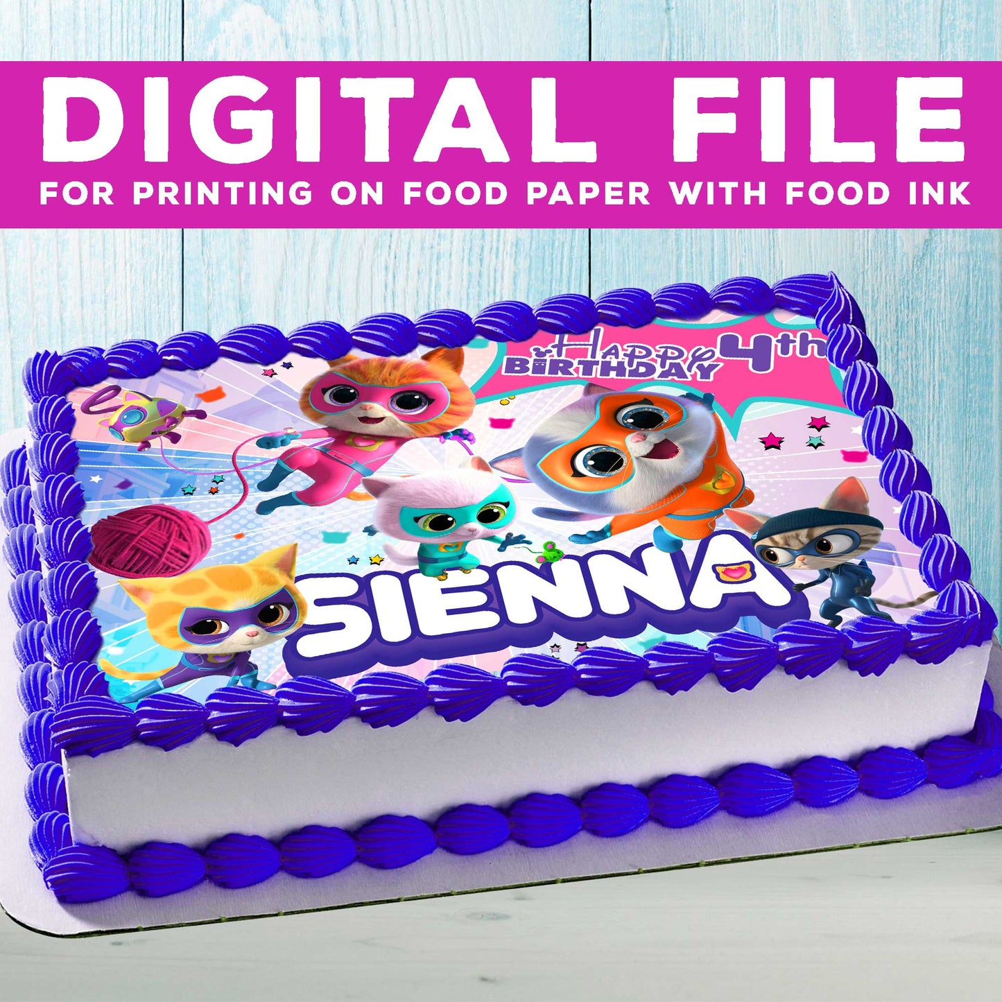 SuperKitties Birthday Themed Edible Cake Topper - Rectangular Design - Wafer Paper, Sugar Sheet, Chocotransfer