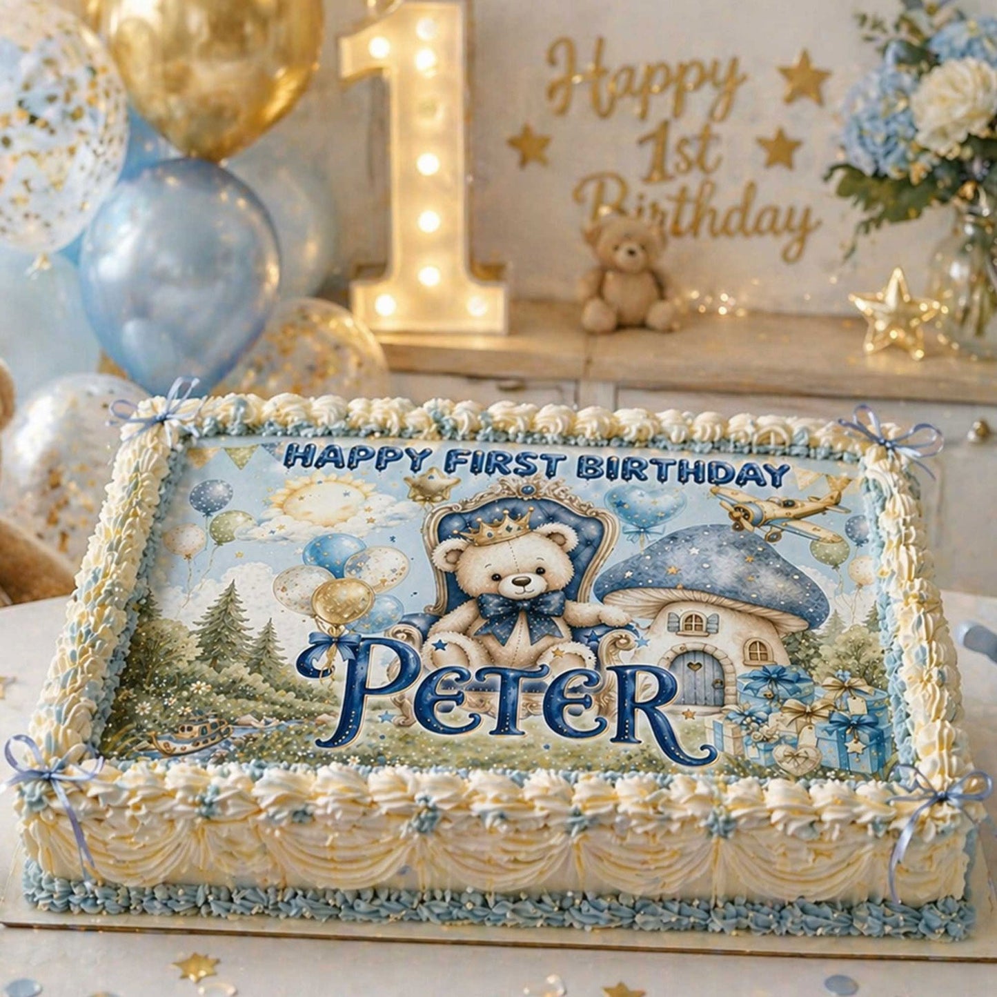 Teddy bear edible cake topper personalized with name showing print sheet detail for 1st birthday