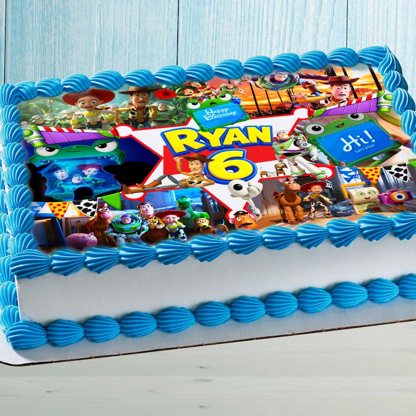 Toy Story birthday cake topper with personalized name and age on a rectangular birthday cake