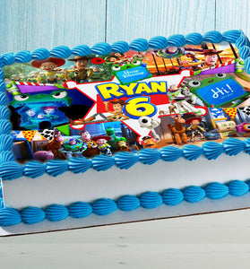 Toy Story birthday cake topper with personalized name and age on a rectangular birthday cake