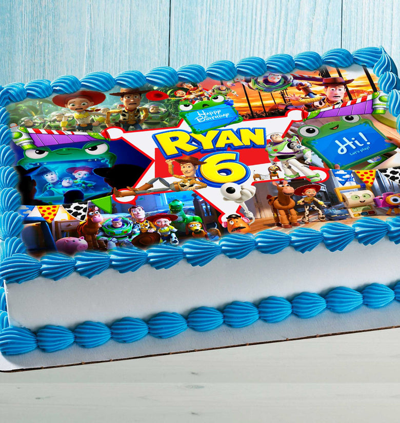 Toy Story birthday cake topper with personalized name and age on a rectangular birthday cake