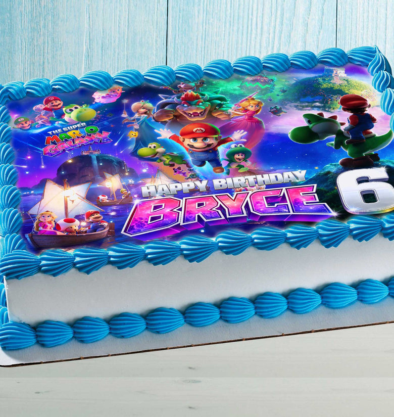 Close-up of Super Mario Galaxy edible cake topper applied to rectangular birthday cake