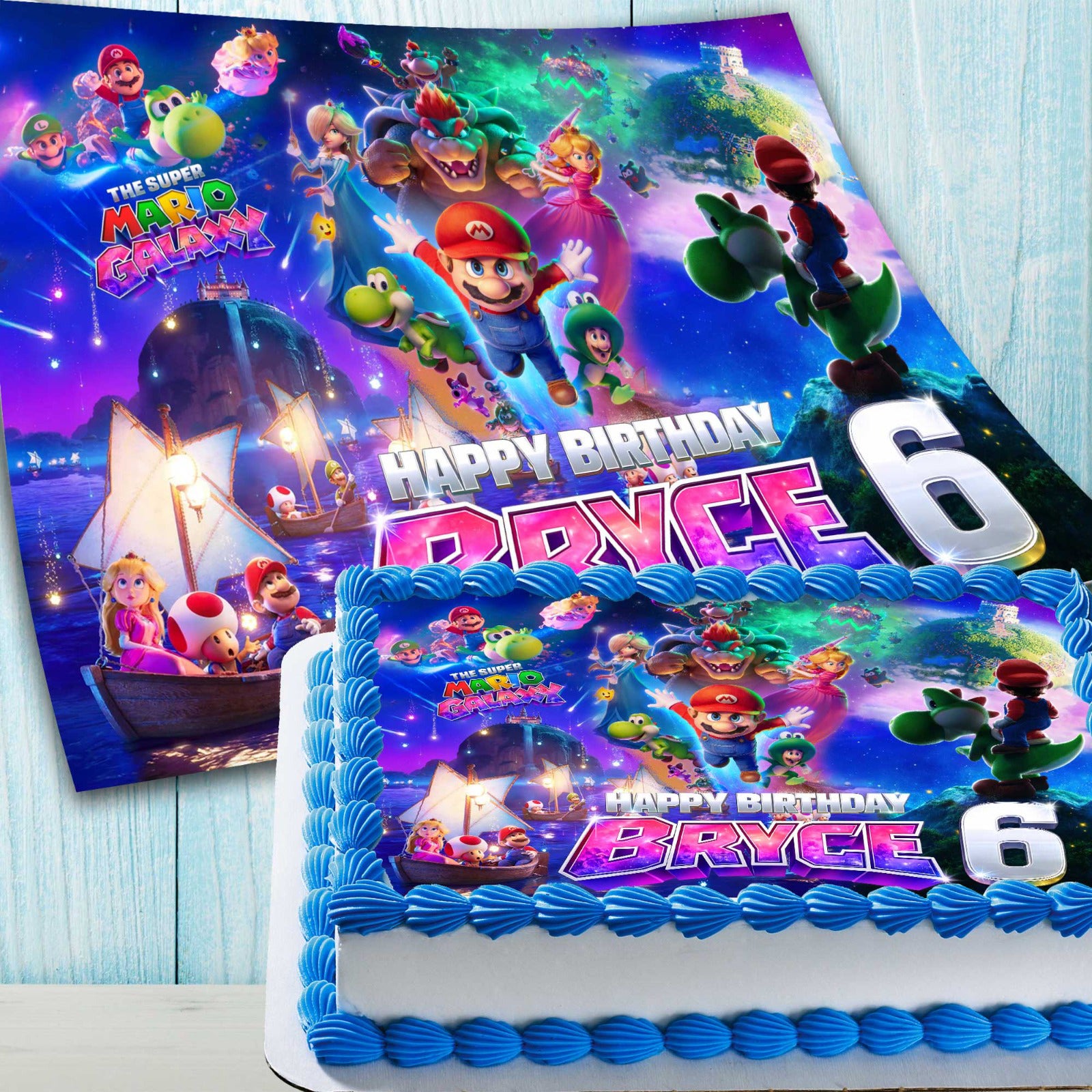Personalized Super Mario Galaxy birthday cake topper shown on cake with edible sheet preview