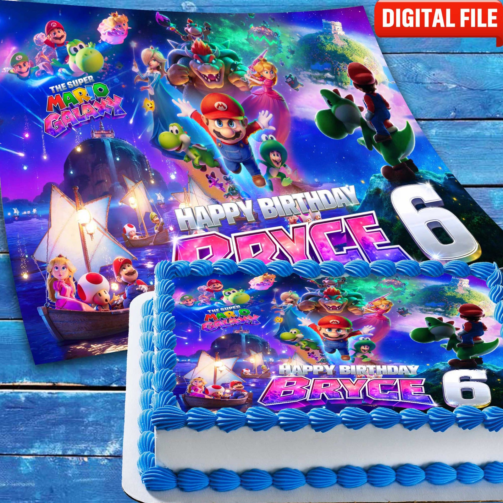 Super Mario Galaxy Birthday cake topper digital file – custom name and age for birthday cake