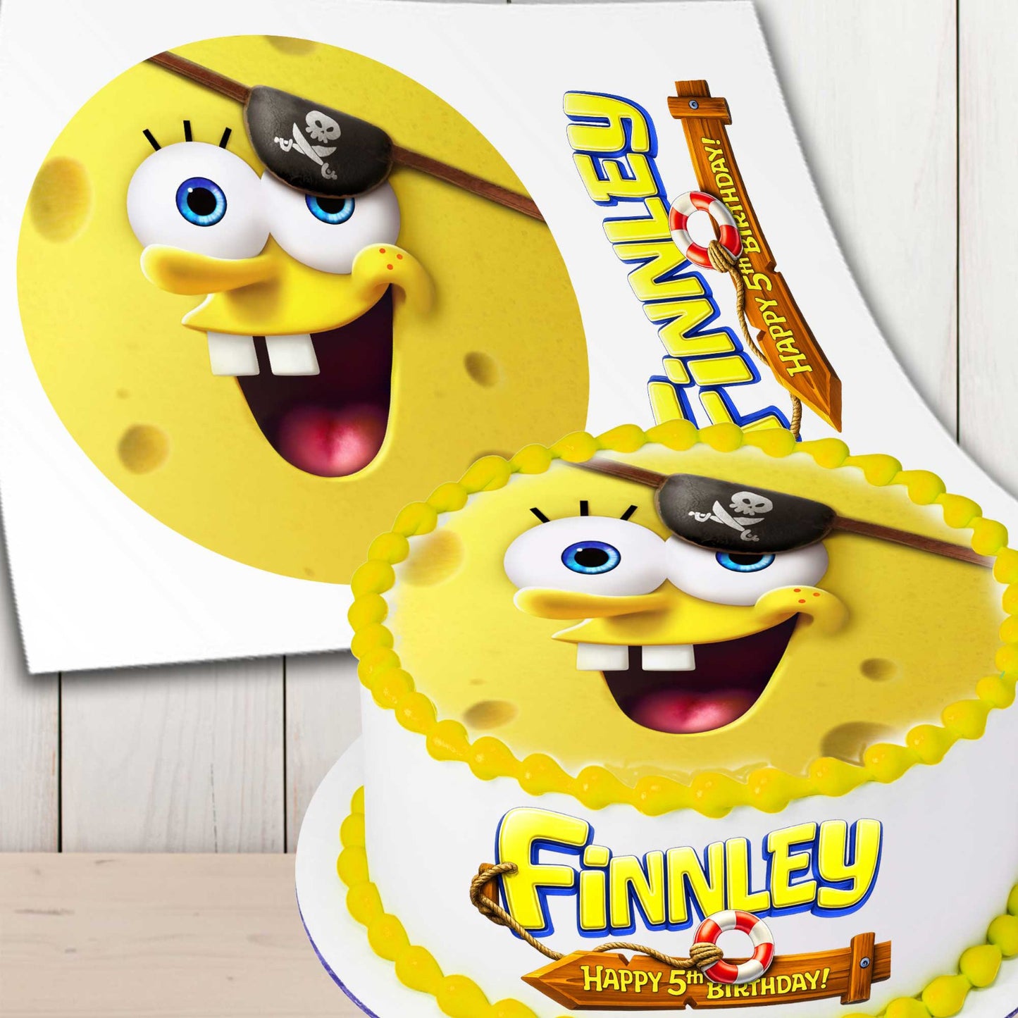 SpongeBob pirate round cake topper set with 2 precut edible images and personalized name decoration