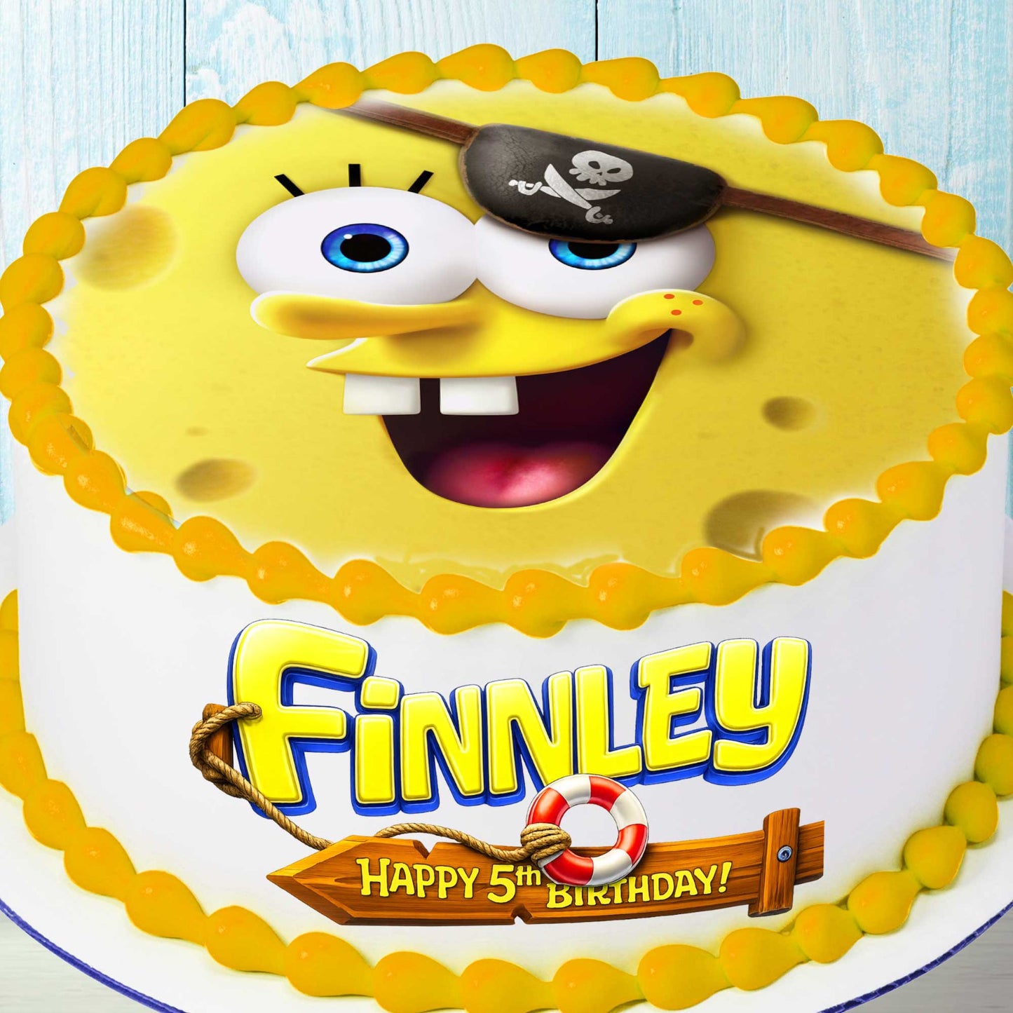 SpongeBob pirate round cake topper with personalized name and age for birthday cake