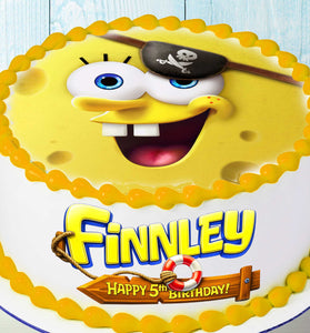 SpongeBob pirate round cake topper with personalized name and age for birthday cake