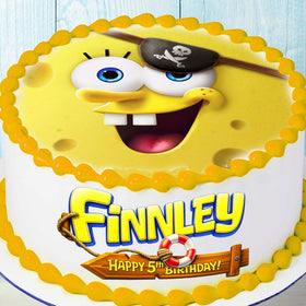 SpongeBob pirate round cake topper with personalized name and age for birthday cake