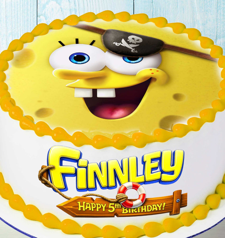 SpongeBob pirate round cake topper with personalized name and age for birthday cake