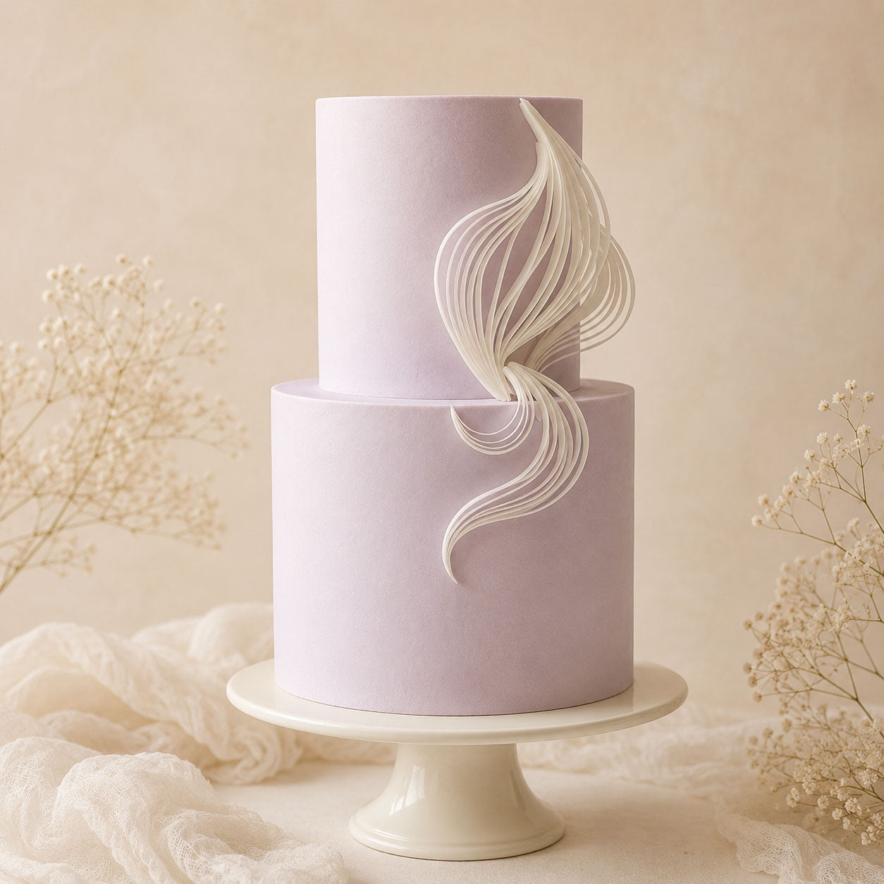 Edible wafer paper strips shaped into a curved flame-like accent on a lavender two-tier cake