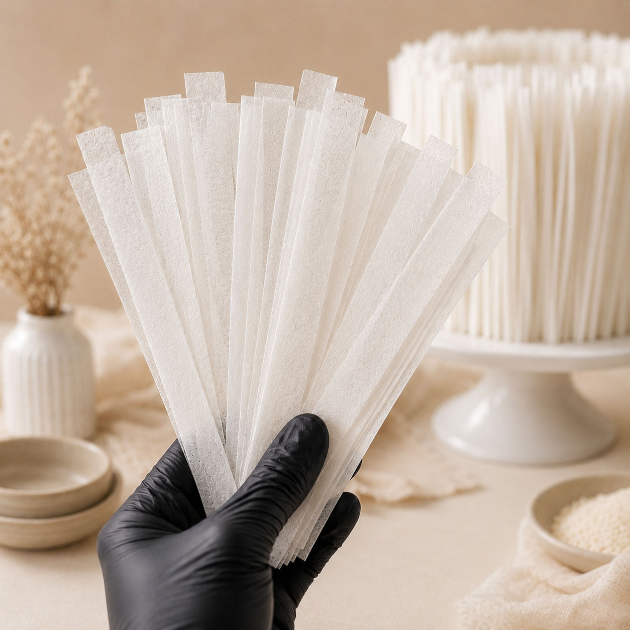 Close-up of a gloved hand fanning out edible wafer paper strips with a decorated cake visible in the background
