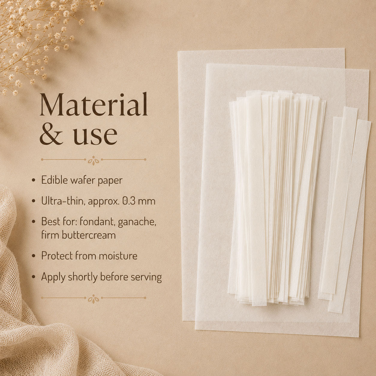 Infographic listing wafer paper material details: ultra-thin edible paper, best surfaces, and moisture storage tips