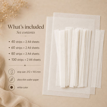 Infographic showing ECT006 set contents: 40, 60, 80 and 100 pre-cut wafer paper strips, each set with 2 bonus A4 sheets