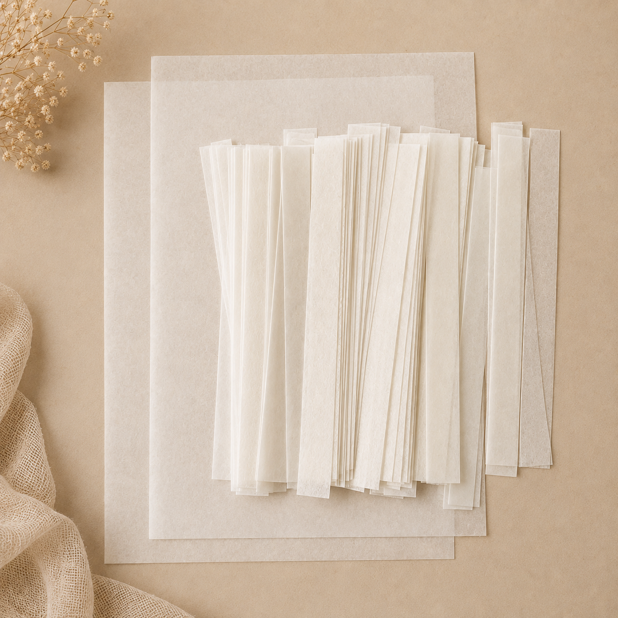 Flat lay of edible wafer paper strips and two uncut A4 wafer paper sheets on a beige background