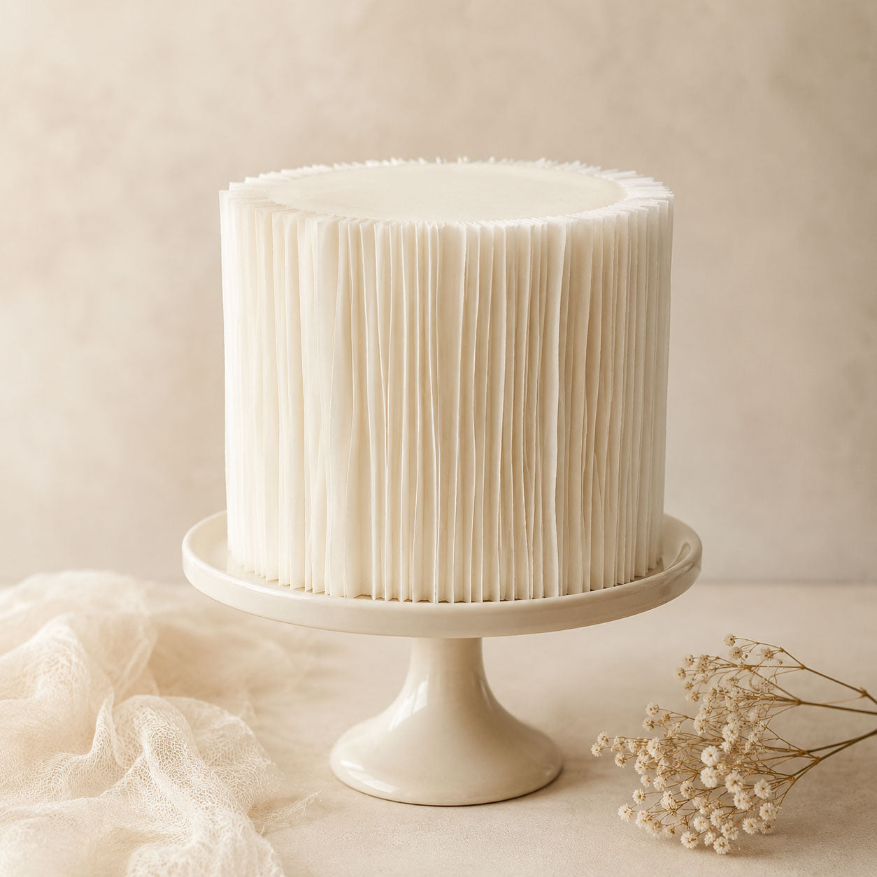 Alternate view of a single-tier cake densely wrapped in vertical edible wafer paper strip fins