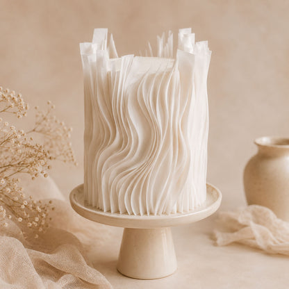 Single-tier white cake densely wrapped in edge-on edible wafer paper strips with a wavy dimensional fringe texture