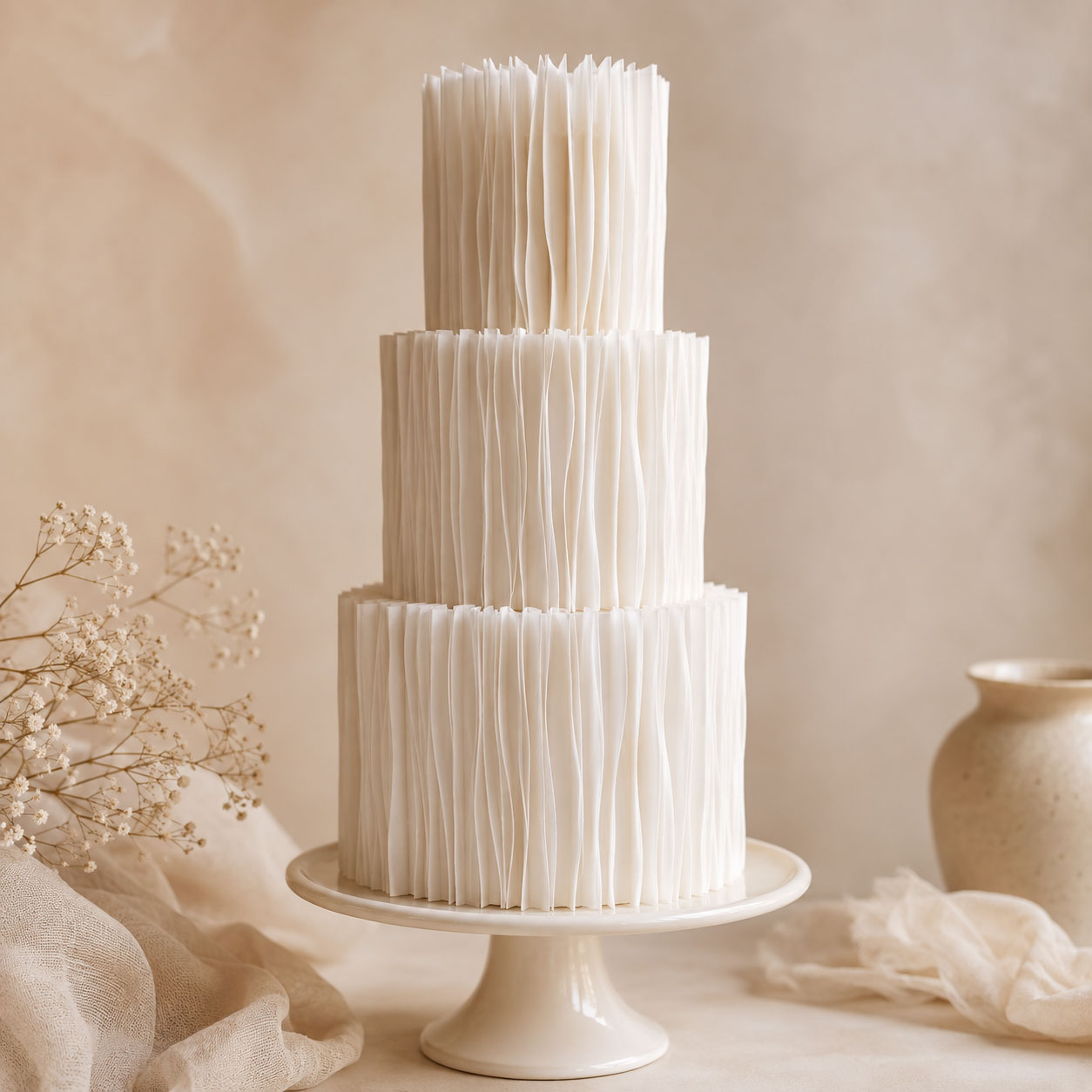 Three-tier white cake densely wrapped in vertical edible wafer paper strips, creating a textured fin decoration