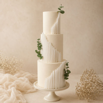 White edible wafer paper strips applied edge-on in a diagonal cascade on a three-tier wedding cake with eucalyptus accents