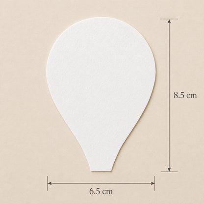 White wafer paper balloon-shaped segment size guide showing 6.5 cm width and 8.5 cm height